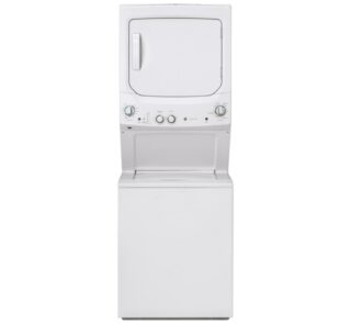 White laundry center with top load washer