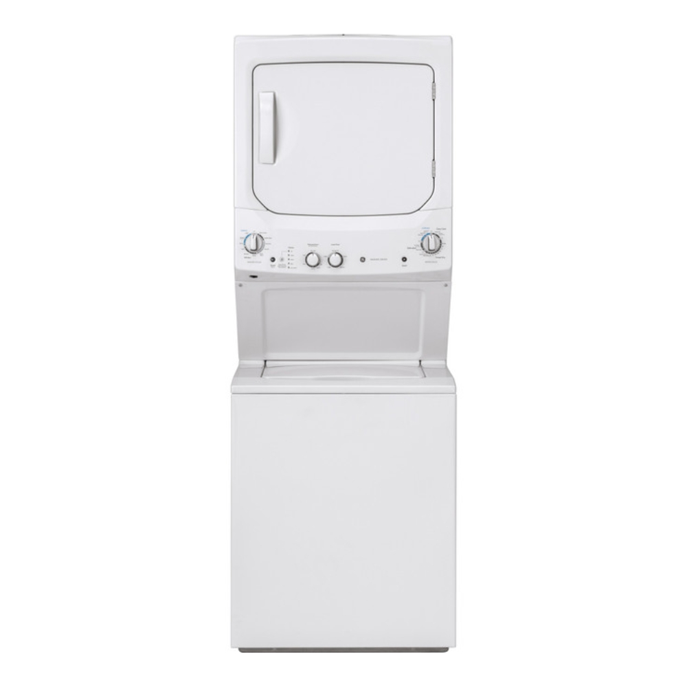 White laundry center with top load washer